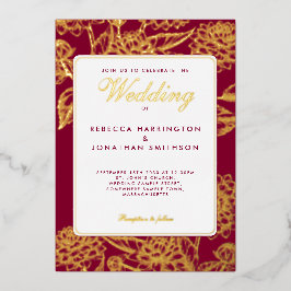 Invitación Con Relieve Metalizado Vintage Floral Wine Red Gold Boda