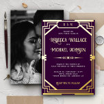 Invitación Con Relieve Metalizado Vintage Geometric Art Deco Boda Purple Gold<br><div class="desc">Disfrute de una elegante invitación nupcial con un vintage marco Art Déco con un verdadero Relieve metalizado de oro. Simplemente agregue los detalles de su evento en esta plantilla fácil de usar y adorne esta tarjeta con su foto favorita para convertirla en una invitación única.</div>