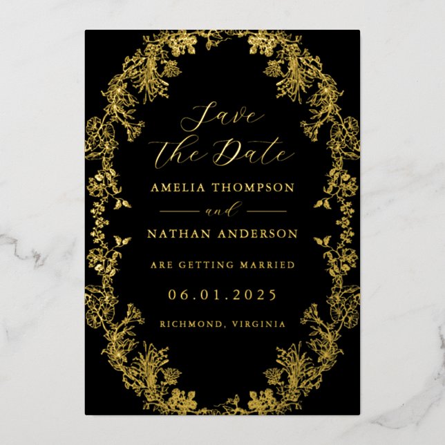 Invitación Con Relieve Metalizado Vintage Gold Black Floral Wedding Save The Date  (Anverso)