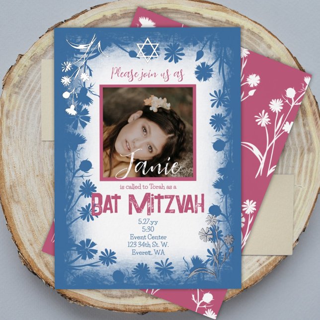 Invitación Con Relieve Metalizado Vintage Navy Blue Mauve Bat Pink Mitzvah Foto (vintage wild flowers blue and pink mauve bat mitzvah invitation)