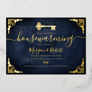 Invitación Con Relieve Metalizado Vintage Navy Gold Key Fiesta para el calentamiento