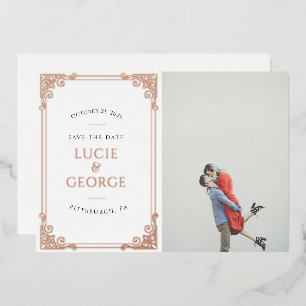 Invitación Con Relieve Metalizado Vintage Ornate Frame Photo Save the Date Real