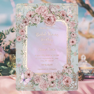 Invitación Con Relieve Metalizado Vintage Periwinkle Peony Bridal Shower Tea Party