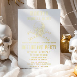 Invitación Con Relieve Metalizado Vintage Pirate Skull & Bones Halloween Party Gold