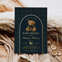Invitación Con Relieve Metalizado Vintage Polo Teddy Bear Green Plaid Baby Shower