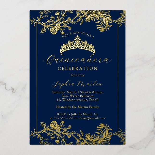 Invitación Con Relieve Metalizado Vintage Quinceanera (Anverso)