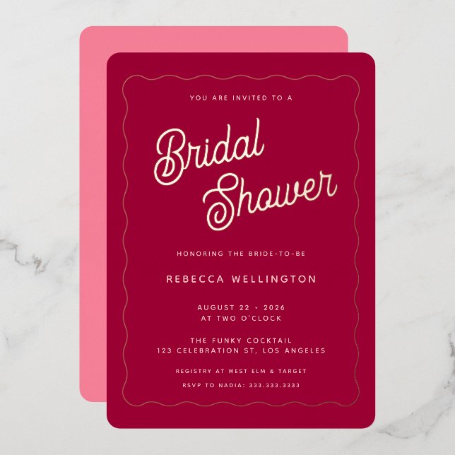 Invitación Con Relieve Metalizado Vintage Retro Rosa Magenta Wave Bridal Ducha Oro (Anverso/Reverso)
