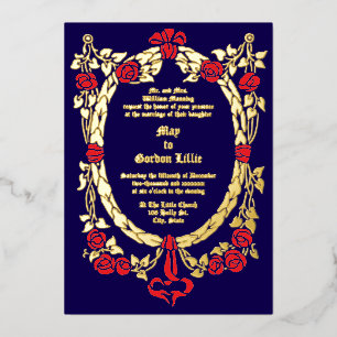 Invitación Con Relieve Metalizado Vintage Victoria Era Rosa floral con marco de flor