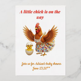 Invitación Con Relieve Metalizado Vintage Watercolor A little Chick is on the way