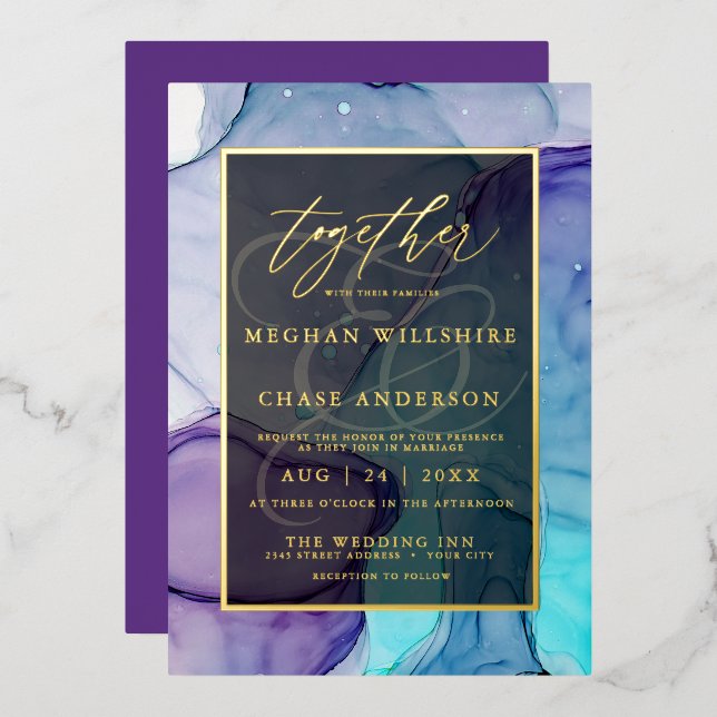 Invitación Con Relieve Metalizado Violet Aqua Liquid Abstract Tinta (Anverso/Reverso)