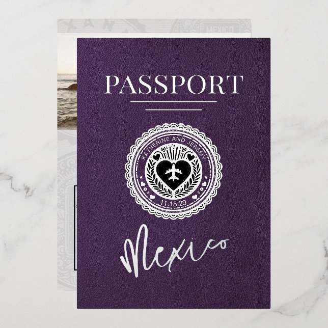 Invitación Con Relieve Metalizado Violet Mexico Passport Boda (Anverso/Reverso)