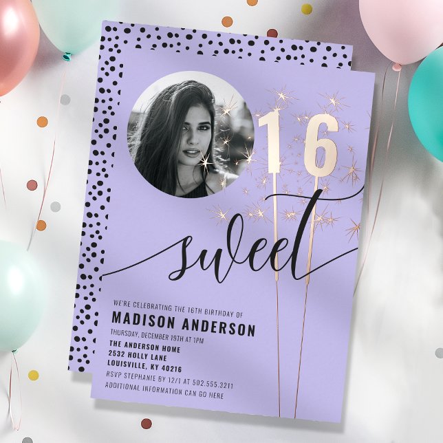 Invitación Con Relieve Metalizado Violet Purple Sparkler Sweet 16 foto de cumpleaños (Subido por el creador)