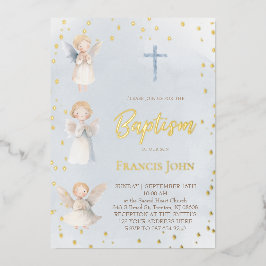 Invitación Con Relieve Metalizado watercolor angels Baptism Foil Invitation