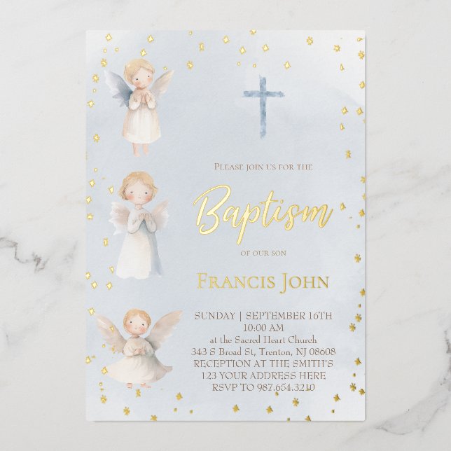 Invitación Con Relieve Metalizado watercolor angels Baptism Foil Invitation (Anverso)