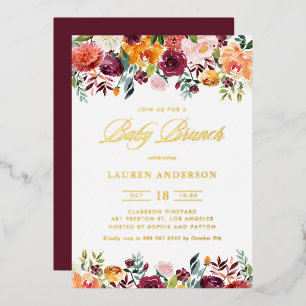 Invitación Con Relieve Metalizado Watercolor Autumoms Blooms Garland Baby Brunch