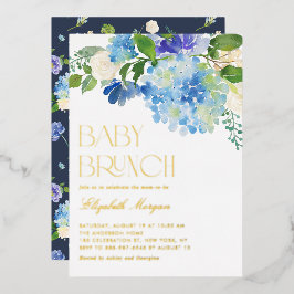 Invitación Con Relieve Metalizado Watercolor Azul Hydrangea Baby Shower Brunch