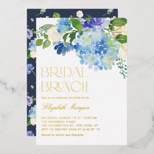 Invitación Con Relieve Metalizado Watercolor Azul Hydrangea Brunch Bridal Floral