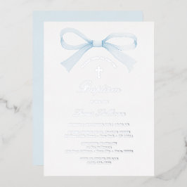 Invitación Con Relieve Metalizado Watercolor Blue Bow Baptism