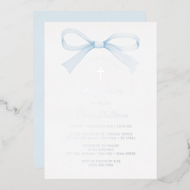Invitación Con Relieve Metalizado Watercolor Blue Bow Baptism (Anverso/Reverso)
