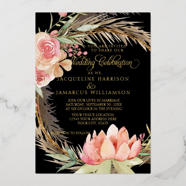 Invitación Con Relieve Metalizado Watercolor Boho Floral Black Pampas Gold (Anverso)