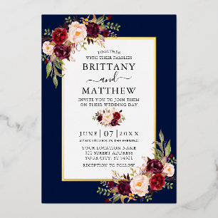 Invitación Con Relieve Metalizado Watercolor Burgundy Boda Floral Azul Oro