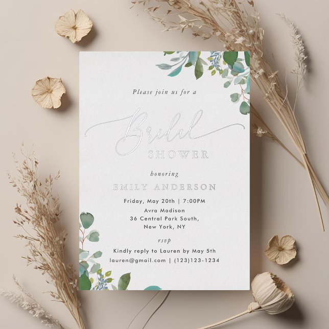 Invitación Con Relieve Metalizado Watercolor Eucalyptus Greenery Ducha Bridal (Subido por el creador)