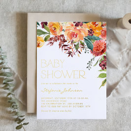Invitación Con Relieve Metalizado Watercolor Fall Floral Bouquet Baby Shower
