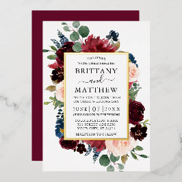 Invitación Con Relieve Metalizado Watercolor Floral Frame Boda Burgundy Gold