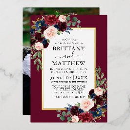 Invitación Con Relieve Metalizado Watercolor Floral Photo Boda Burgundy Gold