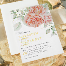 Invitación Con Relieve Metalizado Watercolor Floral Rosa Elegante Boda Dorada