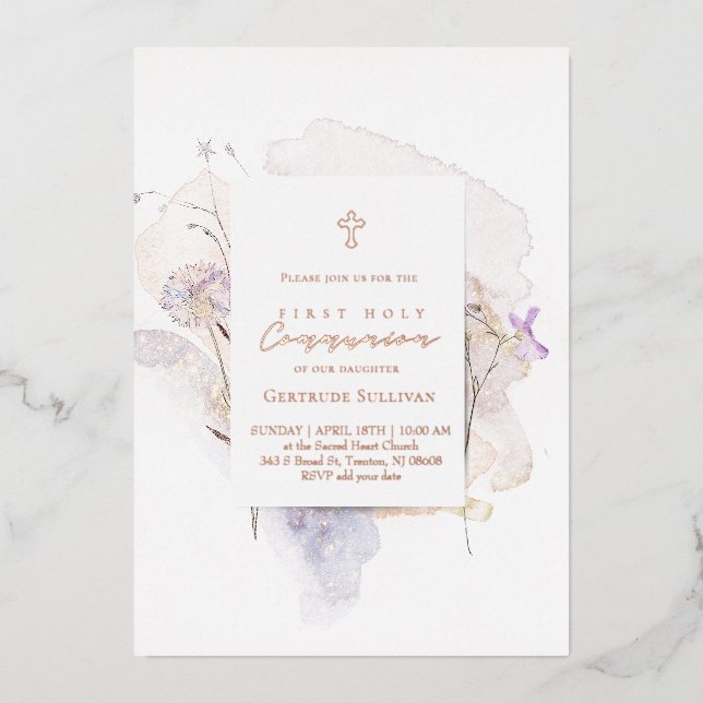 Invitación Con Relieve Metalizado watercolor flowers First Communion (Anverso)