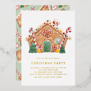 Invitación Con Relieve Metalizado Watercolor Gingerbread House Navidades Fiesta