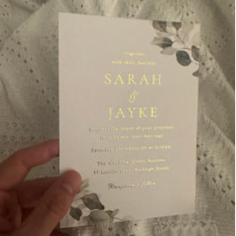 Invitación Con Relieve Metalizado Watercolor Green Leaves Boda Gold