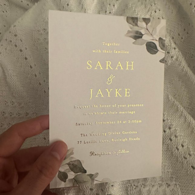 Invitación Con Relieve Metalizado Watercolor Green Leaves Boda Gold (Subido por el creador)