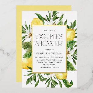 Invitación Con Relieve Metalizado Watercolor Lemon Frame Ducha de Parejas Botánicas