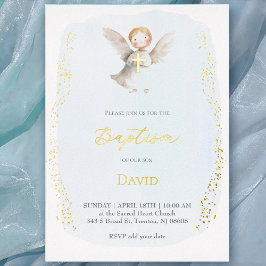 Invitación Con Relieve Metalizado watercolor little angel Baptism baby boy