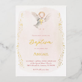 Invitación Con Relieve Metalizado watercolor little angel Baptism baby girl