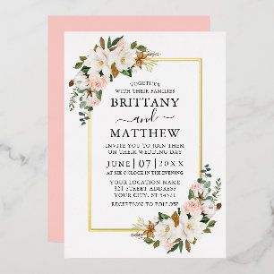 Invitación Con Relieve Metalizado Watercolor Magnolias Roses rosados Boda Oro