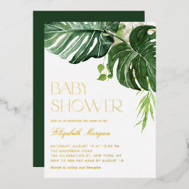 Invitación Con Relieve Metalizado Watercolor Monstera Greenery Baby Shower tropical
