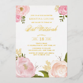 Invitación Con Relieve Metalizado Watercolor Rubor Pink Peony Floral Bat Mitzvah