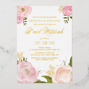 Invitación Con Relieve Metalizado Watercolor Rubor Pink Peony Floral B'not Mitzvah