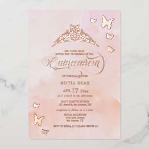 Invitación Con Relieve Metalizado Watercolor Rubor Pink Quinceañera