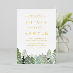 Invitación Con Relieve Metalizado Watercolor Snowy Evergreen Forest Wedding Shower