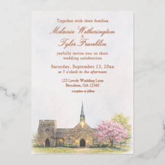 Invitación Con Relieve Metalizado Watercolor Stone Chapel Spring Wedding Invitation