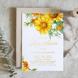 Invitación Con Relieve Metalizado Watercolor Sunflower y Sea Buckthorn Baby Shower