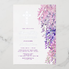 Invitación Con Relieve Metalizado Watercolor Wisteria First Communion