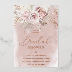 Invitación Con Relieve Metalizado Watercolor y Rubor Floral Bridal Shower Rosa Gold