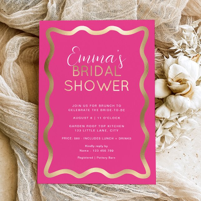 Invitación Con Relieve Metalizado Wave Hot Pink Bridal Shower (Wave Hot Pink Gold Bridal Shower Invitation )