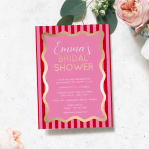Invitación Con Relieve Metalizado Wave Red Stripe Rosa Bridal Shower
