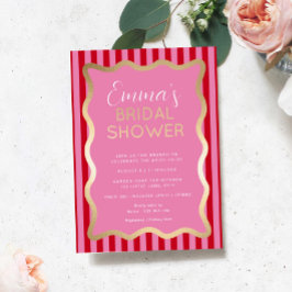 Invitación Con Relieve Metalizado Wave Red Stripe Rosa Bridal Shower